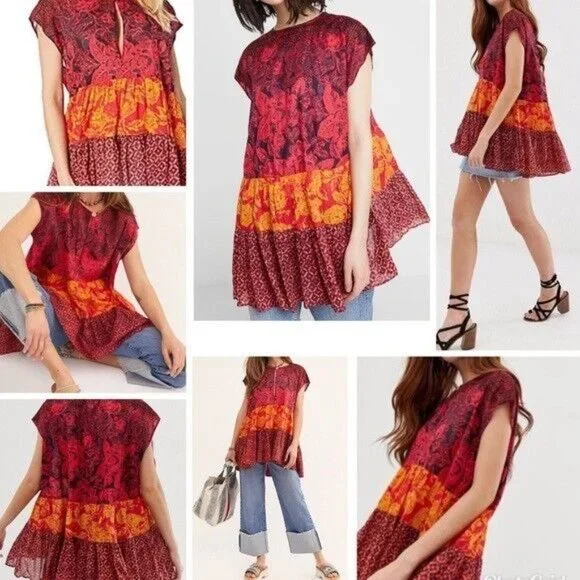 FREE PEOPLE Gotta Have You Mixed Print Cotton Tunic Top Boho Size Small - Picture 1 of 9